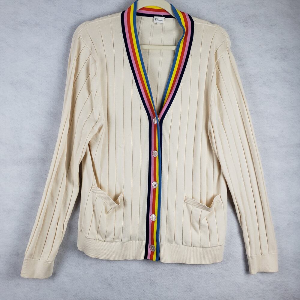 Kule Women's M The Binx Rainbow Trim Cardigan‎ Sweater Cream Ribbed Button Up